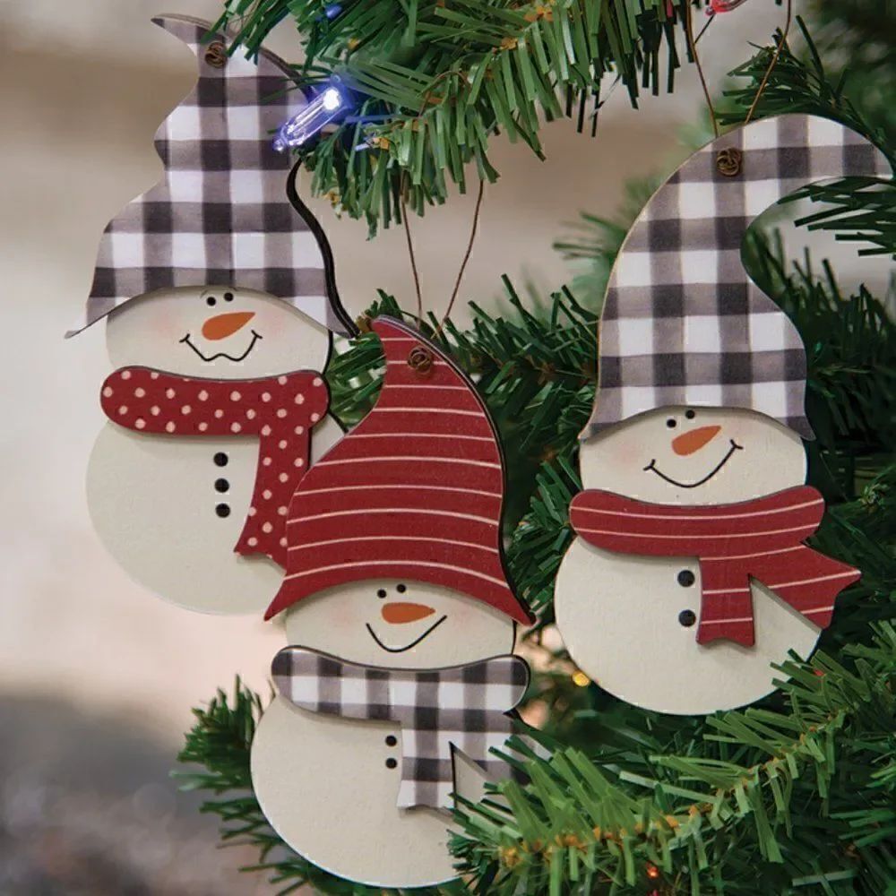 Christmas Snowman Buffalo Plaid Set of Three Wooden Tree Ornaments Holiday